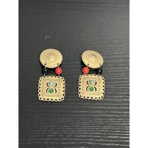Vintage 80's Gold Toned Drop Earrings w/ Red Black Turquoise Green Beads